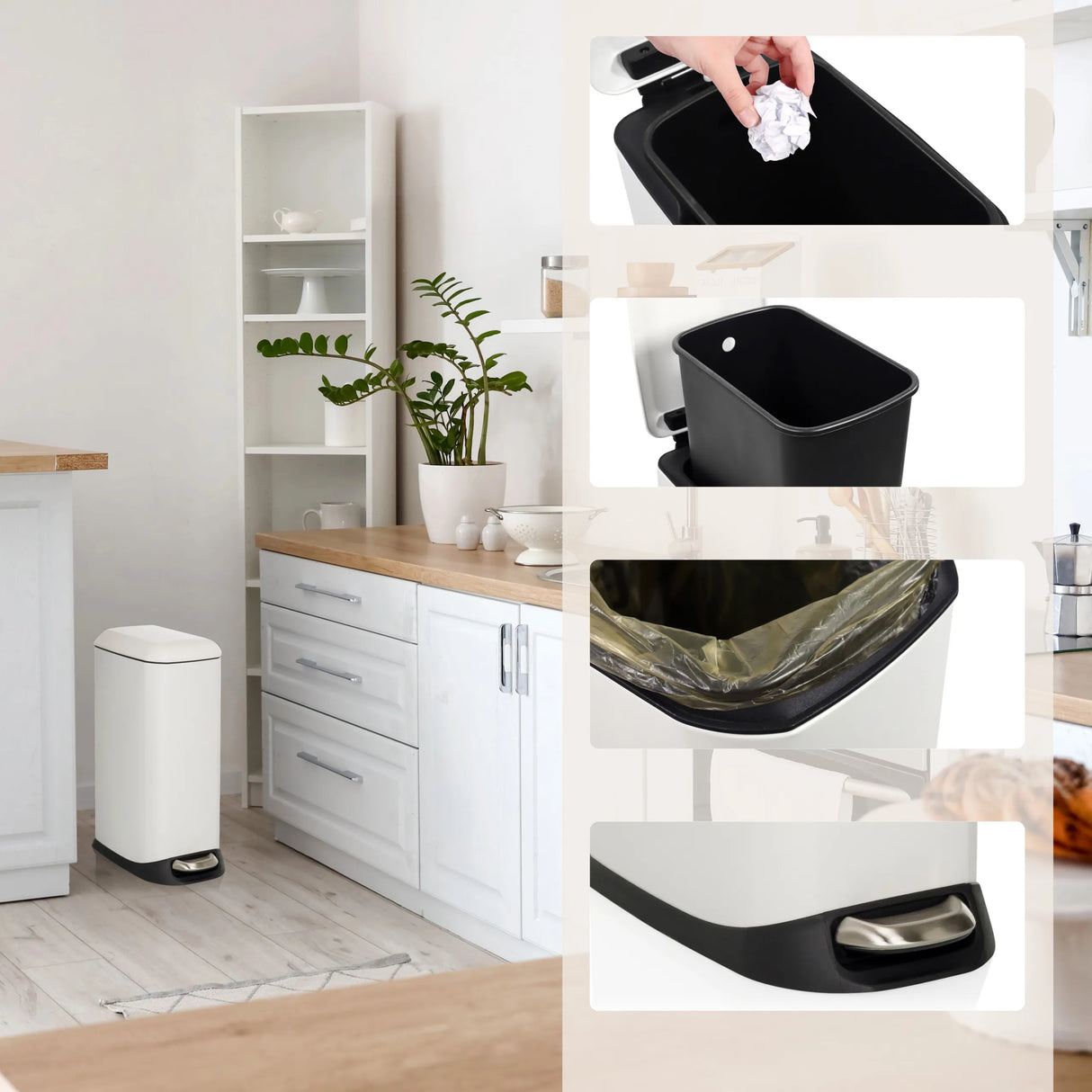 Weißer Mülleimer CLEAN SLIM mit schwarzem Inneneimer, Mülltüte und Fußpedal von hjh OFFICE