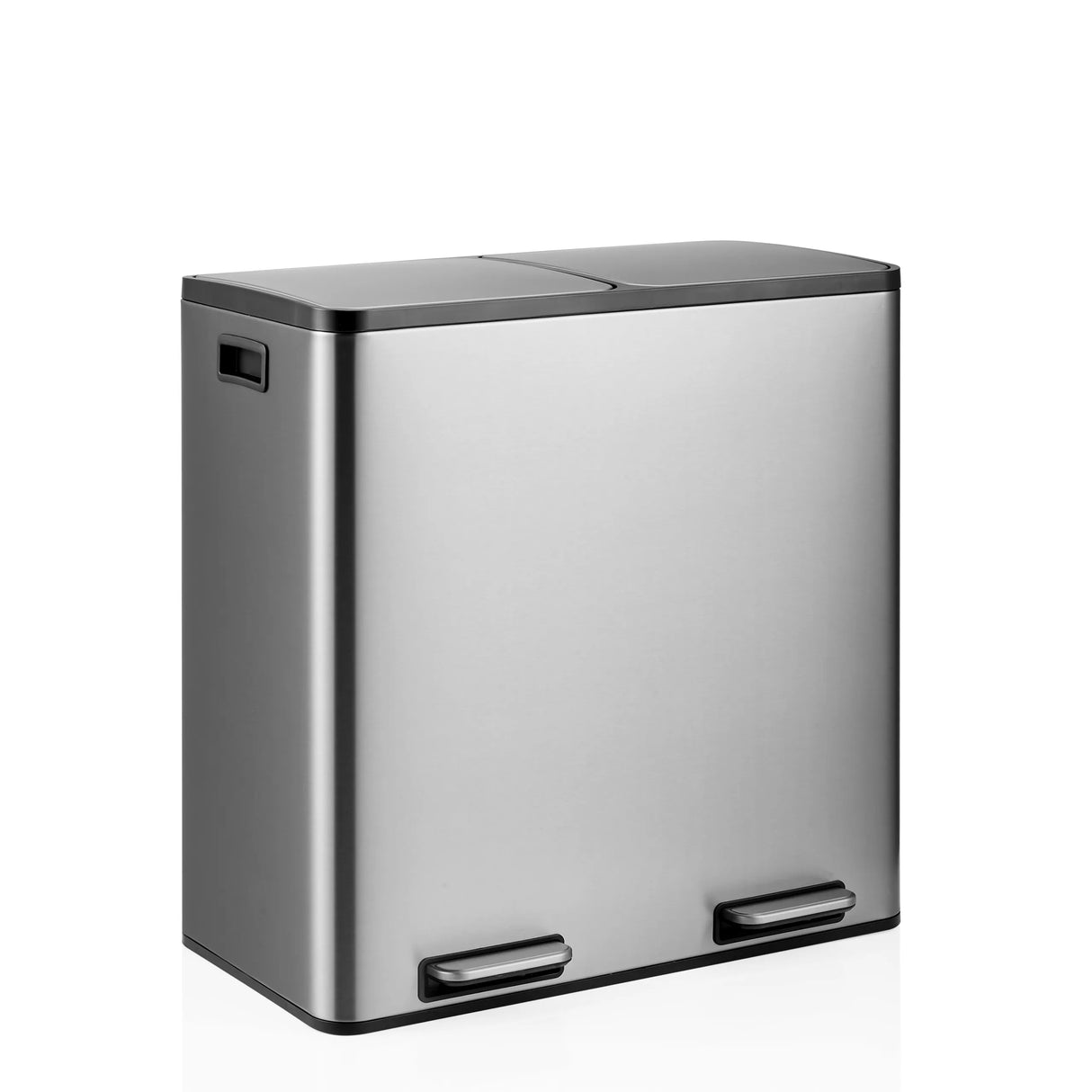 Silberner Mülleimer Clean 13 S mit zwei Fächern und Trettpedalen von hjh OFFICE – 360-Grad-Ansicht (schräge Frontansicht 30°)