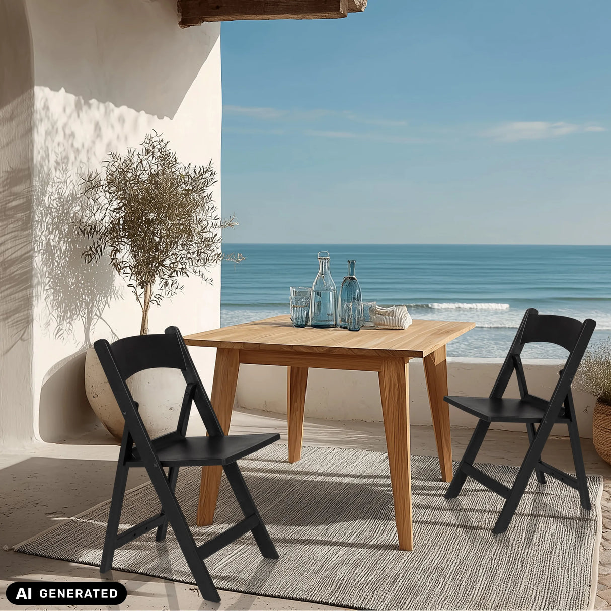 Zwei schwarze Outdoor Stühle TRAVANO 1 an einem Holztisch auf einer Terrasse von hjh LIVING (KI-generiertes Bild)
