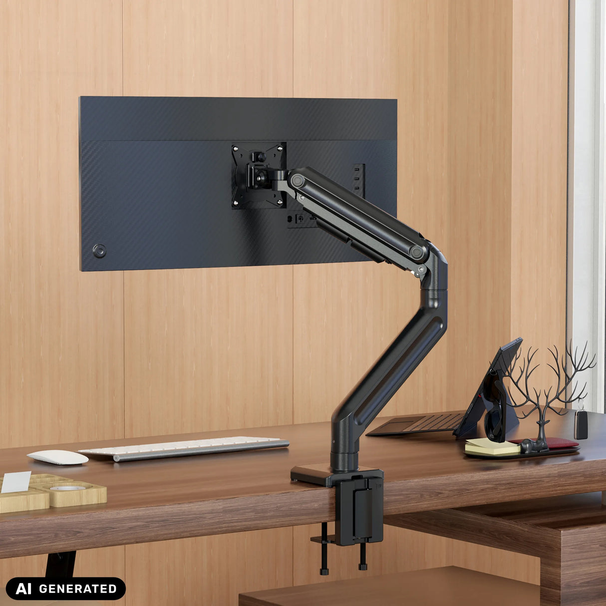 Schwarze Monitorhalterung VM-MG1S mit Gelenkarm und Tischbefestigung von hjh OFFICE (KI-generiertes Bild)