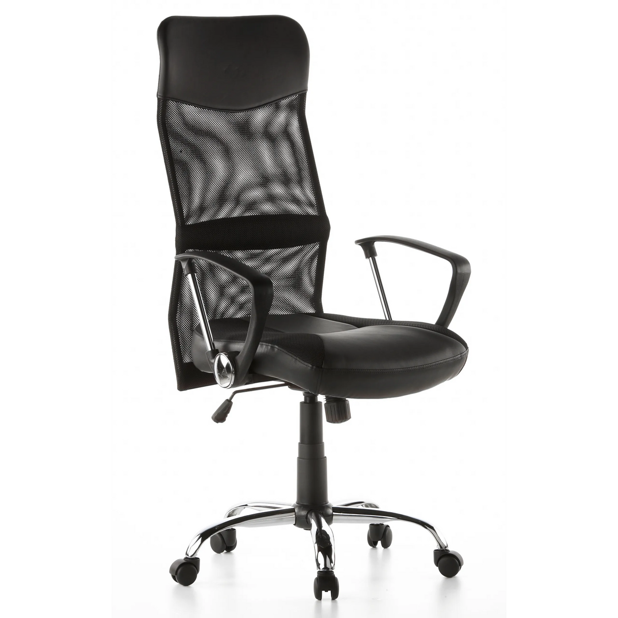 Schwarzer Homeoffice Chefsessel ARTON 20 mit Netzrücken und Fußkreuz mit fünf Rollen von hjh OFFICE – 360-Grad-Ansicht (schräge Frontansicht 40°)