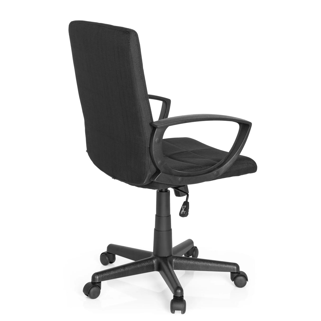 Schwarzer Homeoffice-Bürostuhl STAR-TEC CL300 mit Armlehnen und Fußkreuz mit fünf Rollen von MyBuero – 360-Grad-Ansicht (schräge Rückenansicht 120°)