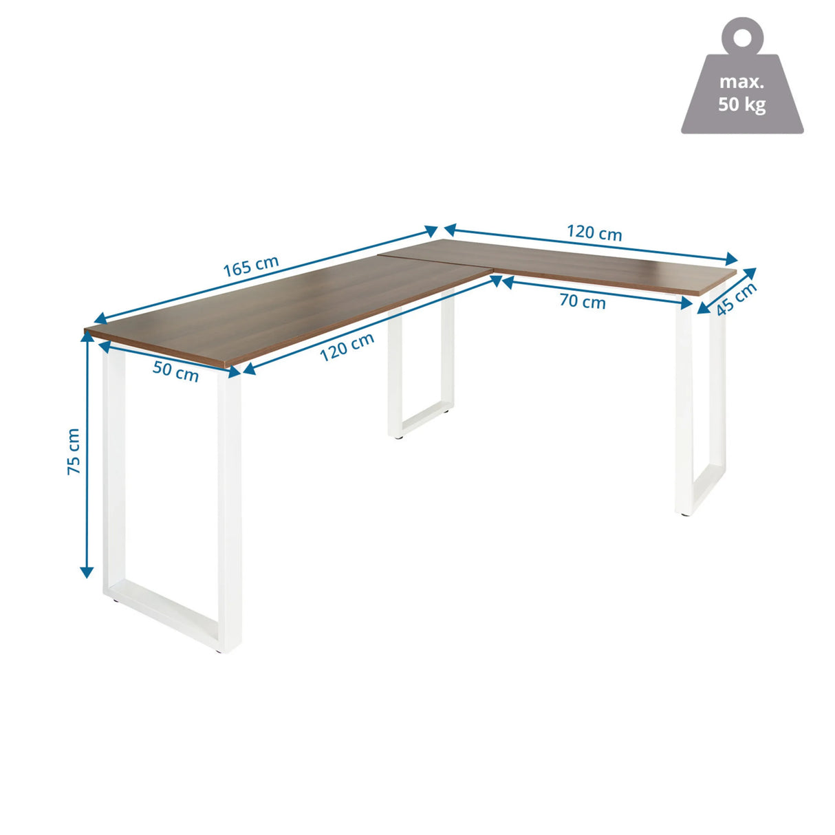 Maßzeichnung des Eckschreibtischs WORKSPACE BASIC I in Walnuss und Weiß mit 165 x 120 cm von hjh OFFICE