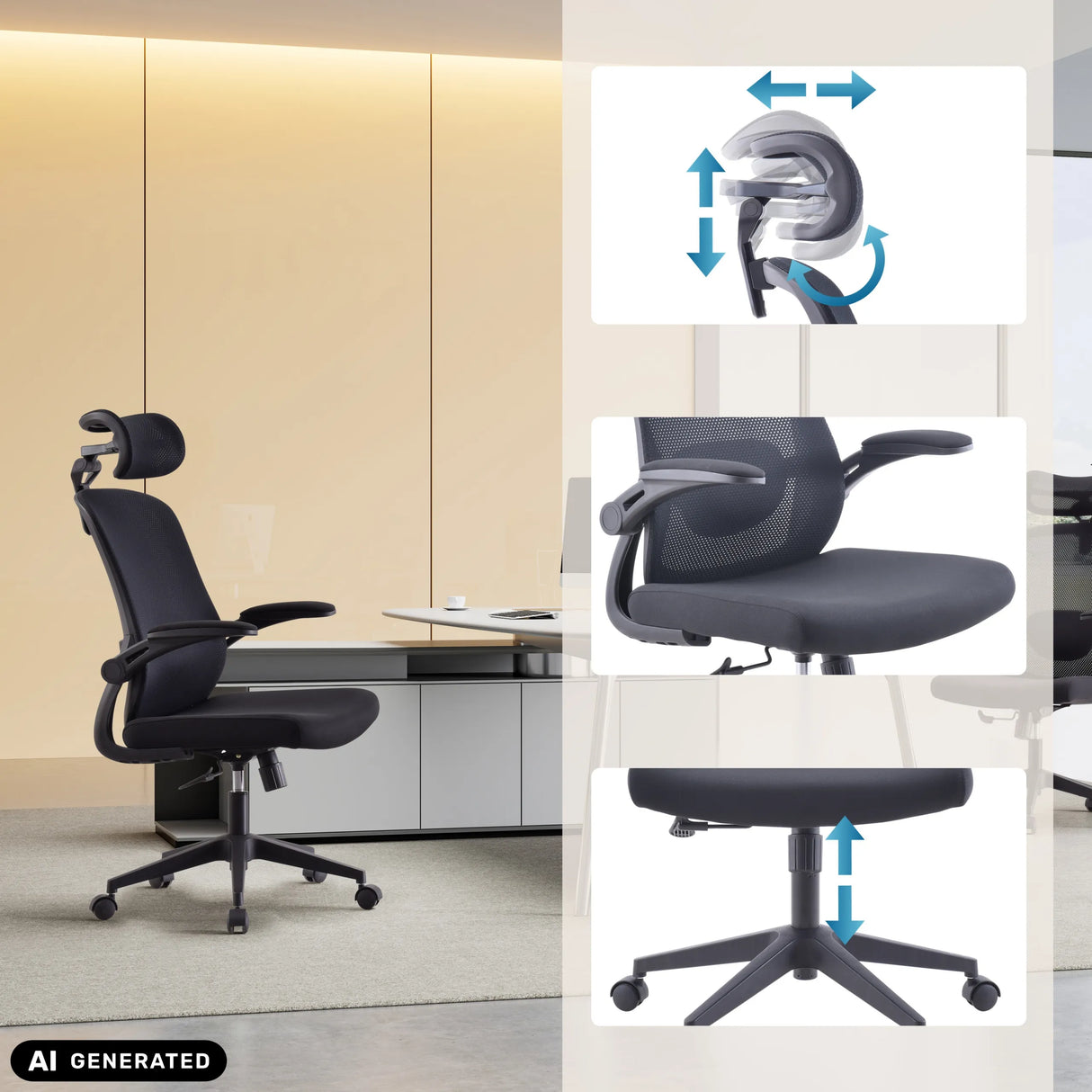Homeoffice-Bürostuhl Vertuflex in Schwarz mit verstellbarer Kopfstütze und Armlehnen von MyBuero (KI-generiertes Bild)