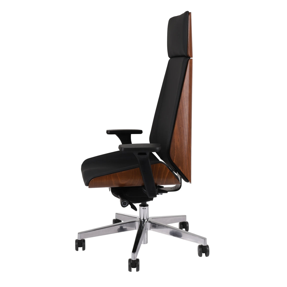 Chefsessel MOON WOOD HD in Schwarz mit Walnussholz-Rückenlehne und Chromfußkreuz von Grospol