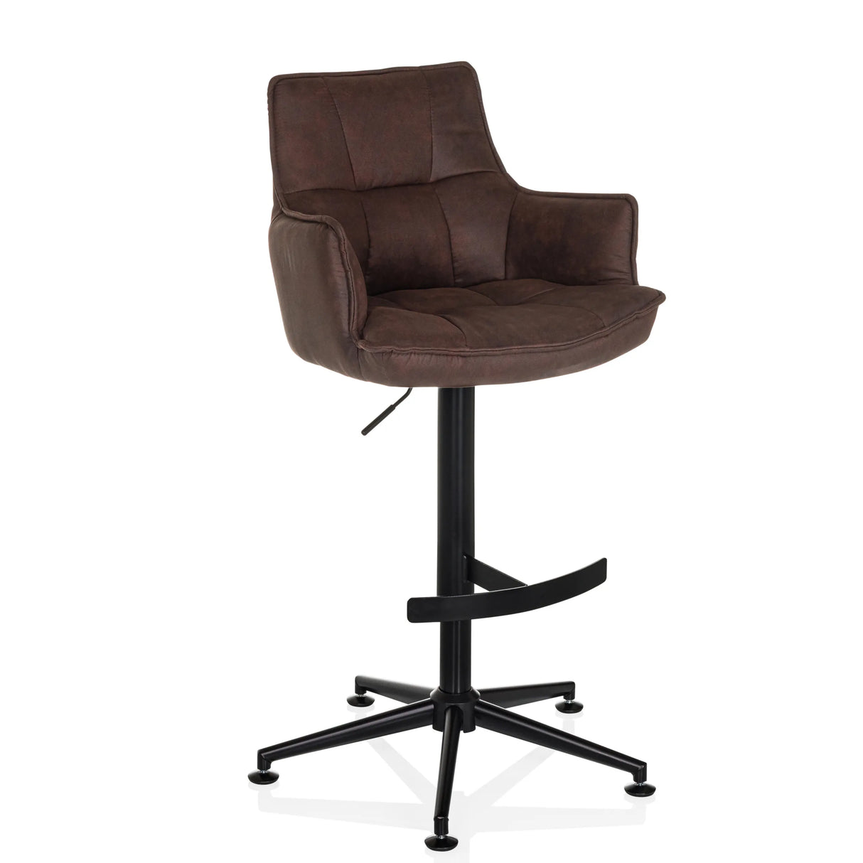 Brauner Barhocker SOLAO LIFE HIGH mit gesteppter Polsterung und schwarzem Fußkreuz von hjh LIVING – 360-Grad-Ansicht (schräge Frontansicht 30°)