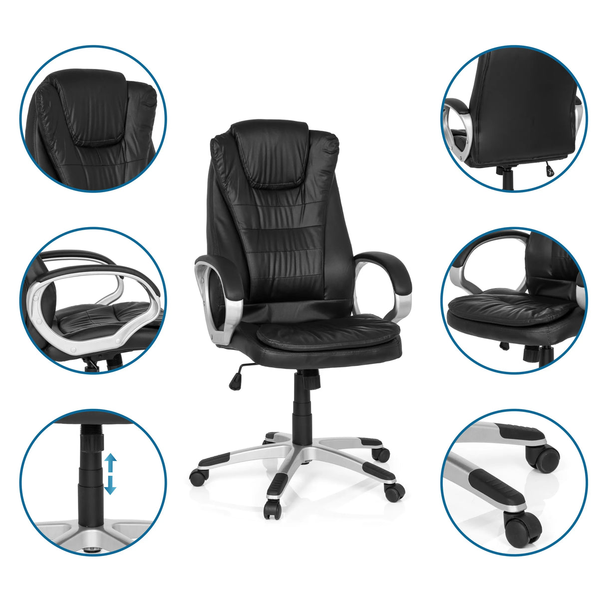 Gamingstuhl RELAX WB100 in Schwarz mit Detailansichten der Armlehnen, Gasfeder und Rollen von MyBuero