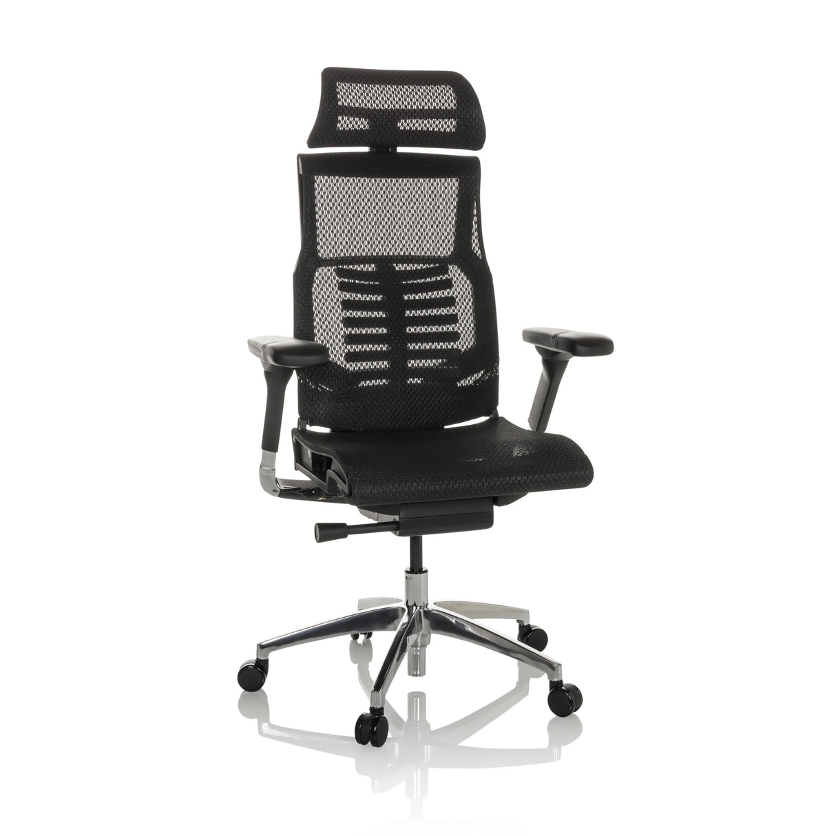 Schwarzer High-End-Bürostuhl POFIT GEN2 mit Netzrücken und Fußkreuz mit fünf Rollen von hjh OFFICE – 360-Grad-Ansicht (Frontansicht 15°)