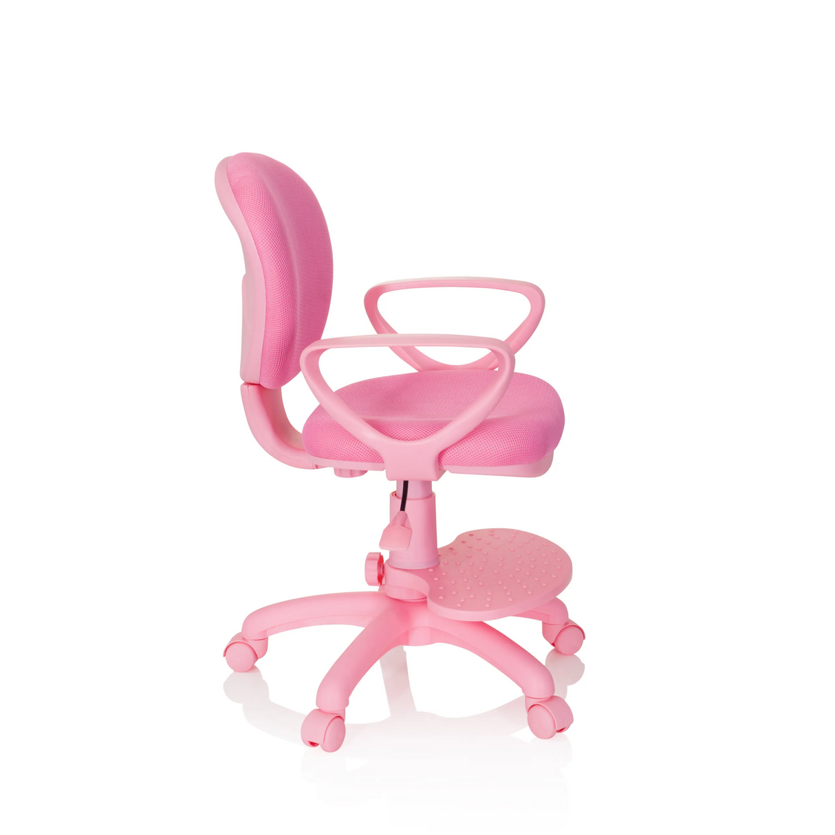 Rosa Kinderdrehstuhl KID COLOUR mit Armlehnen und Fußkreuz mit fünf Rollen von hjh OFFICE – 360-Grad-Ansicht (Seitenprofil 80°)