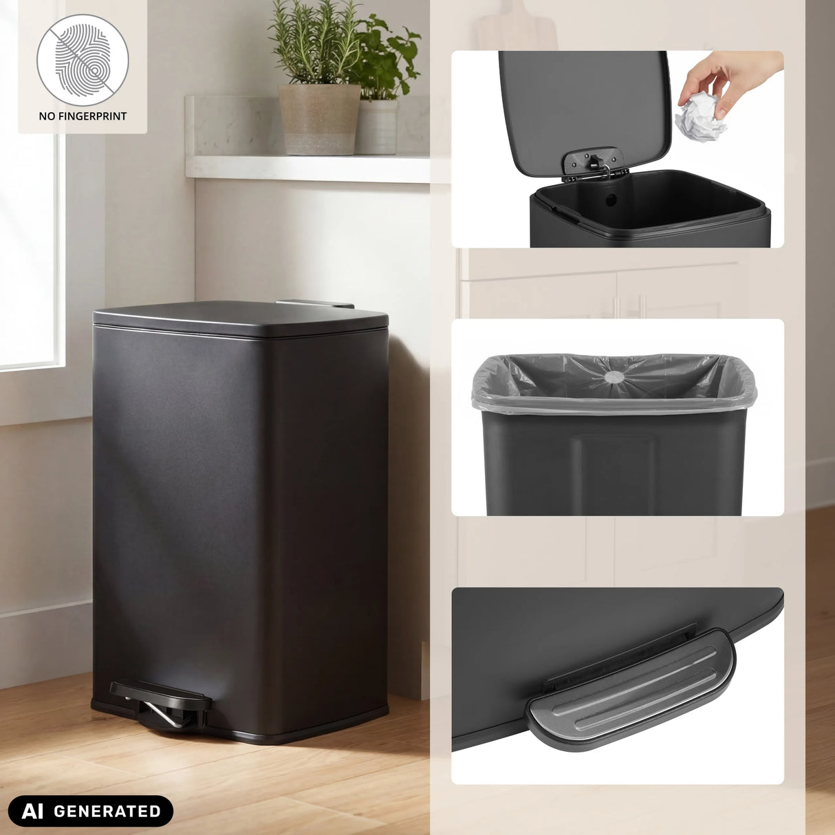 Schwarzer Mülleimer Clean Step 3 mit Fußpedal und Mülltütenhalterung von hjh OFFICE (KI-generiertes Bild)