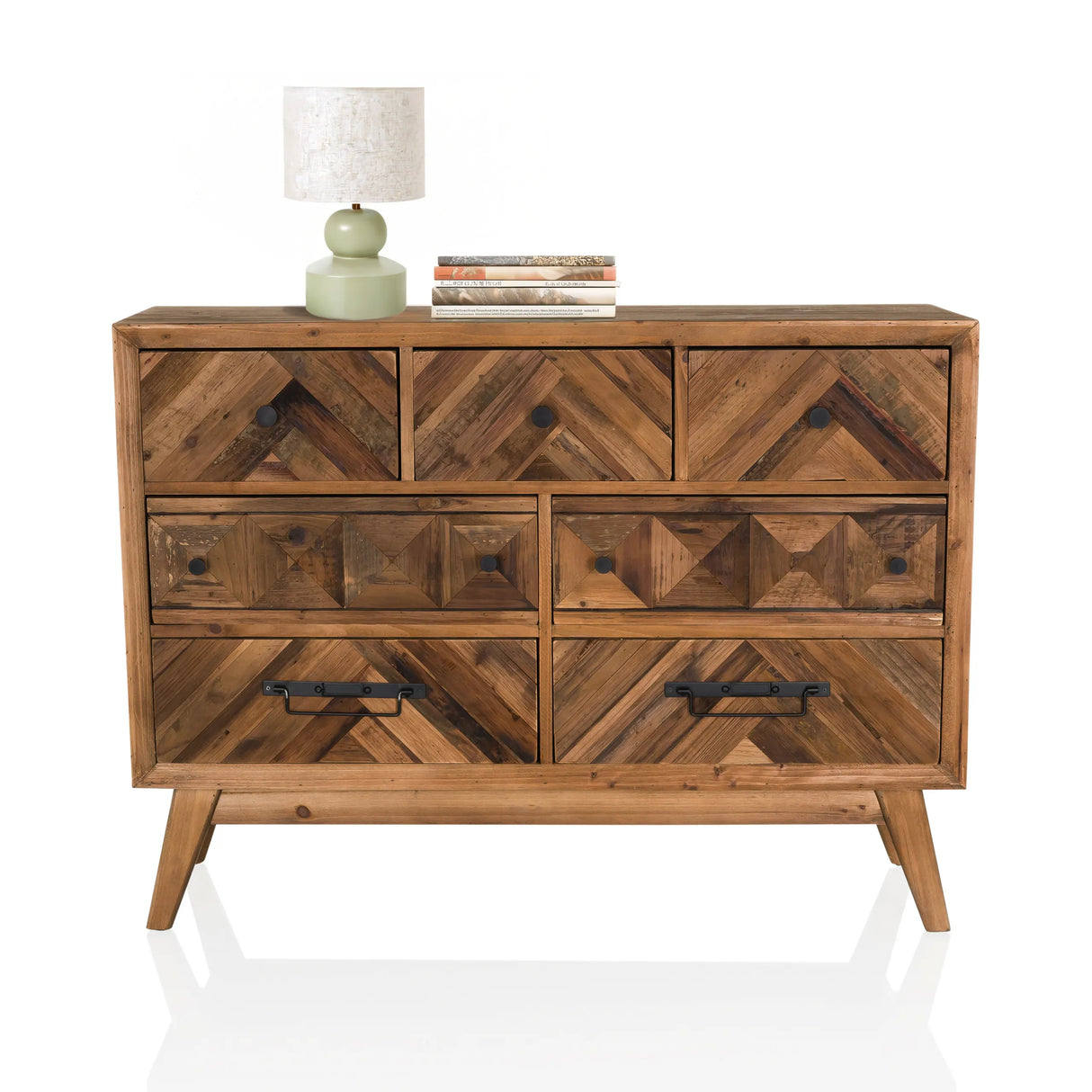 Sideboard SANTJAGO WOOD XL aus dunkelbraunem Holz mit Fischgrät-Muster und schwarzen Griffen von hjh LIVING