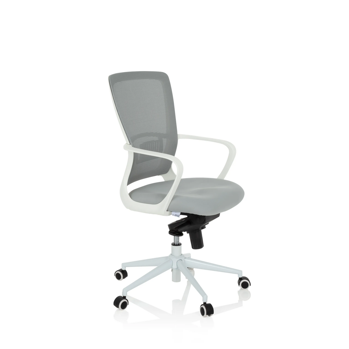 Grauer Homeoffice-Bürostuhl ESTRIA mit Netzrücken und Fußkreuz mit fünf Rollen von hjh OFFICE – 360-Grad-Ansicht (schräge Frontansicht 60°)