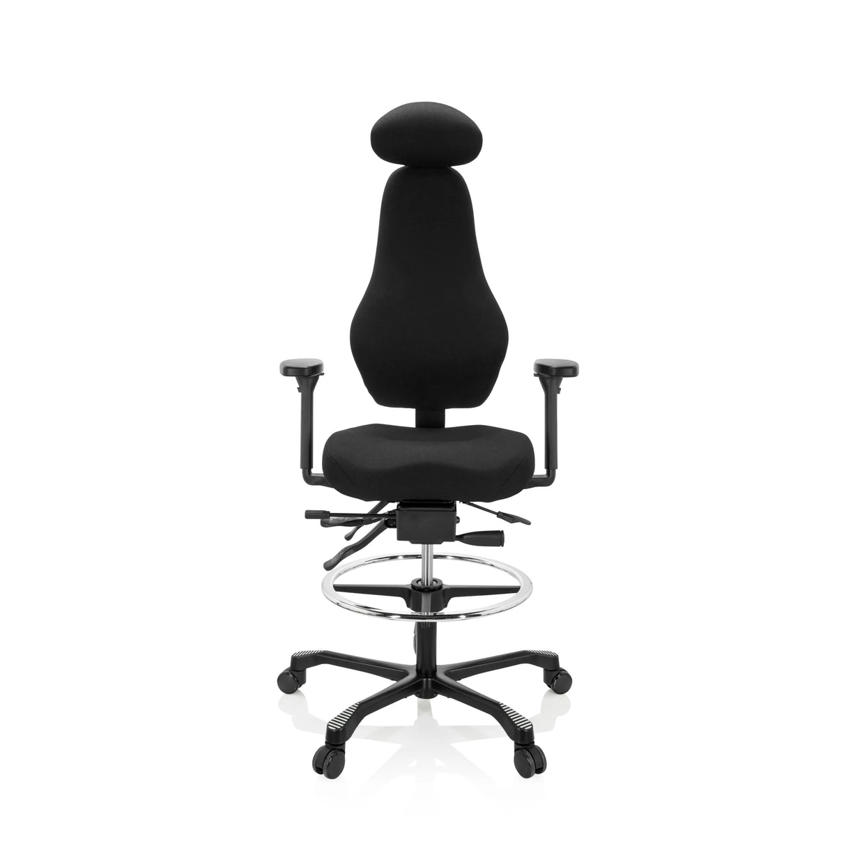 Schwarzer Counterstuhl RESISTIO WORK mit Kopfstütze, Fußring und Fußkreuz mit fünf Rollen von hjh OFFICE – 360-Grad-Ansicht (Frontansicht 0°)