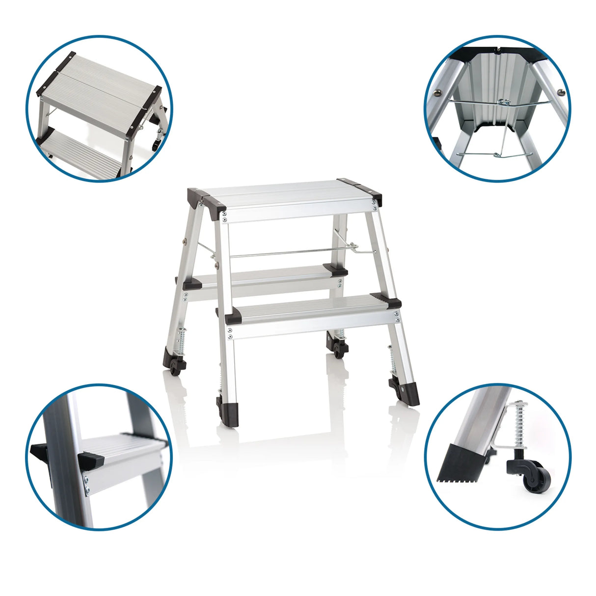 Zweistufige Klappleiter SOLID VI aus Aluminium mit Rollen und Sicherheitsverriegelung von hjh OFFICE