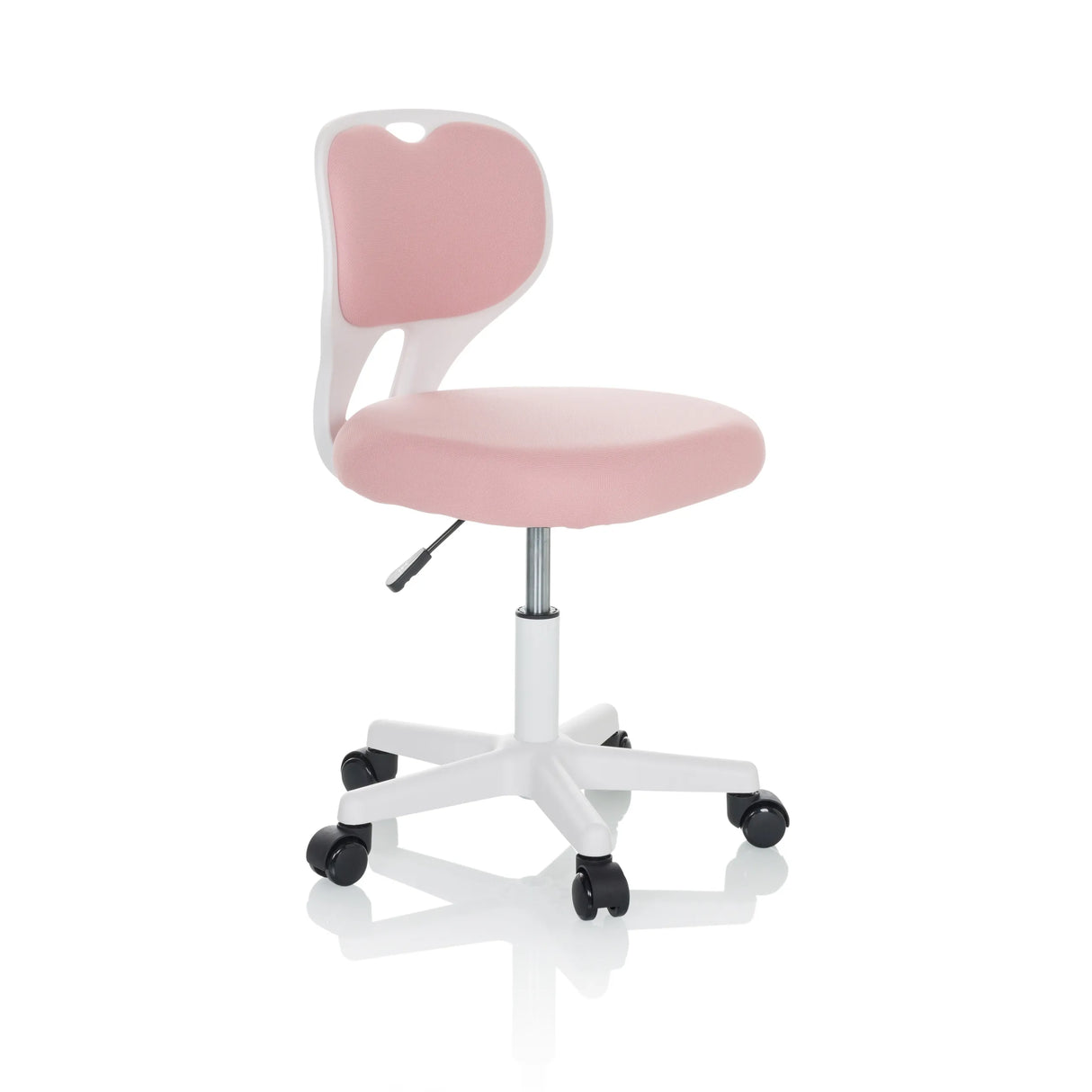 Rosa Kinderdrehstuhl KIDDY TOP W mit weißem Gestell und Fußkreuz mit fünf Rollen von hjh OFFICE – 360-Grad-Ansicht (schräge Frontansicht 45°)