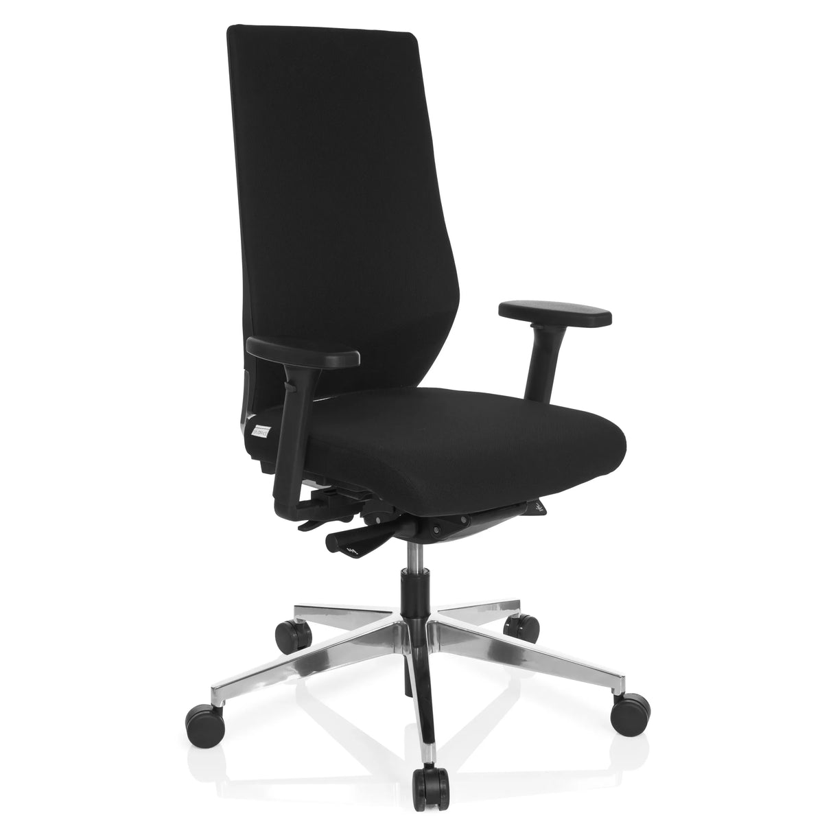 Schwarzer Profi-Bürostuhl PRO-TEC 700 mit Armlehnen und glänzendem Fußkreuz mit fünf Rollen von hjh OFFICE – 360-Grad-Ansicht (schräge Frontansicht 40°)