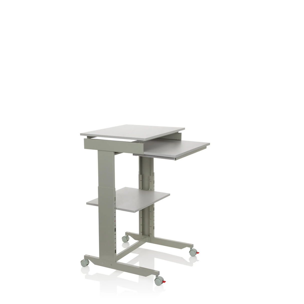 Grauer Stehschreibtisch WORKSTATION mit Ablagefläche und vier Rollen von hjh OFFICE – 360-Grad-Ansicht (schräge Frontansicht 60°)
