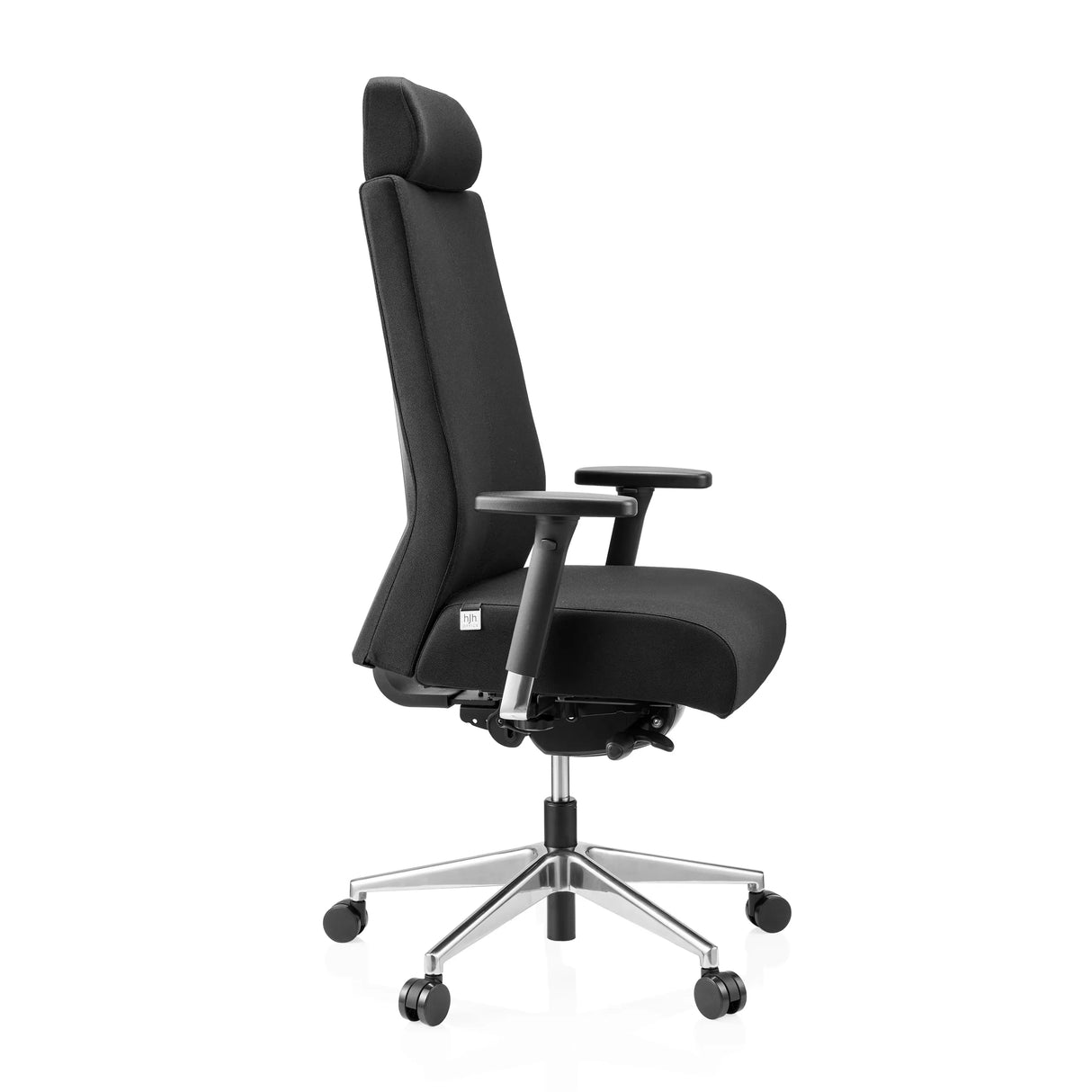 Schwarzer Profi-Bürostuhl PRO-TEC XXL mit Stoffbezug, Kopfstütze und Fußkreuz mit fünf Rollen von hjh OFFICE – 360-Grad-Ansicht (Seitenprofil 75°)