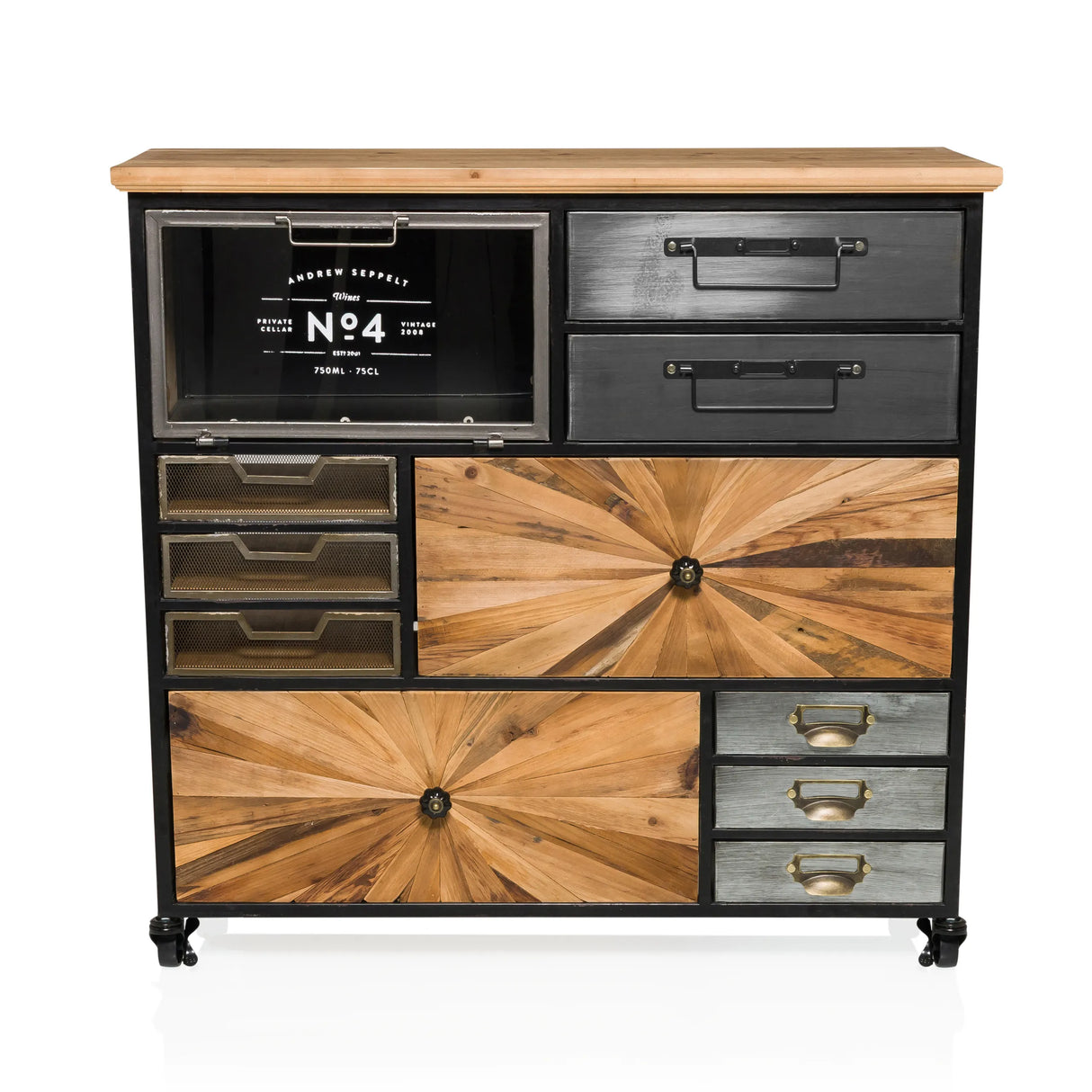 Sideboard CONTINENTO XL aus Holz und Metall mit verschiedenen Schubladen und einer Glasfront von hjh LIVING