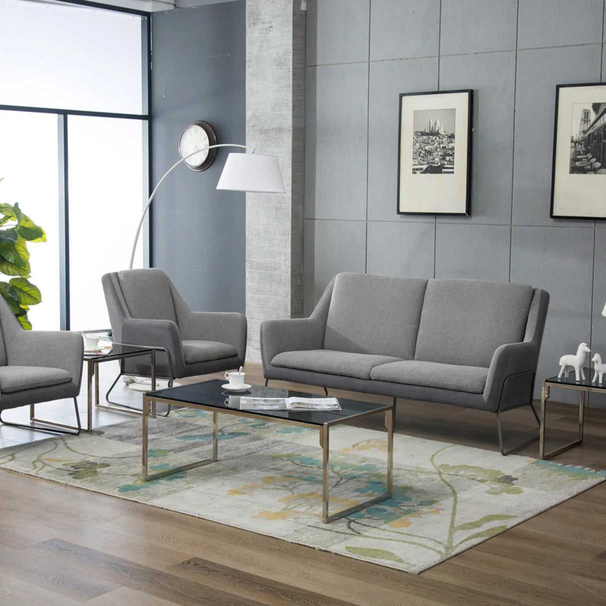 Hellgraues Loungesofa LAGUN als Drei-Sitzer mit schlanken Metallfüßen von hjh OFFICE