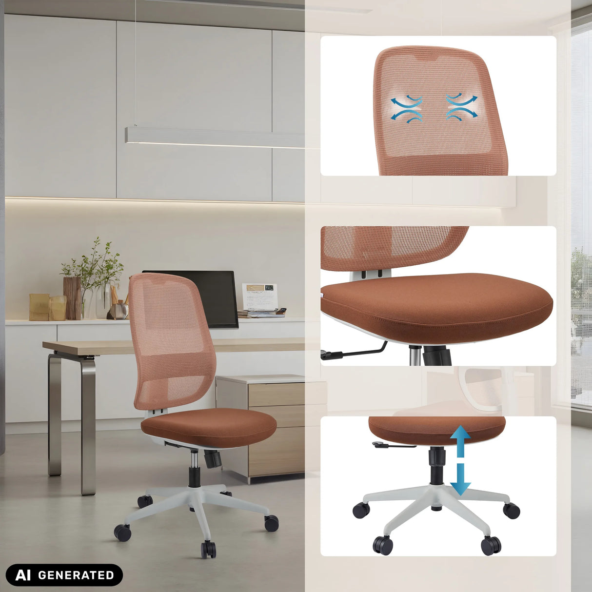 Profi-Bürostuhl Minoro W in Weiß-Braun mit Detailansichten von Rückenlehne und Sitzhöhe von hjh OFFICE (KI-generiertes Bild)