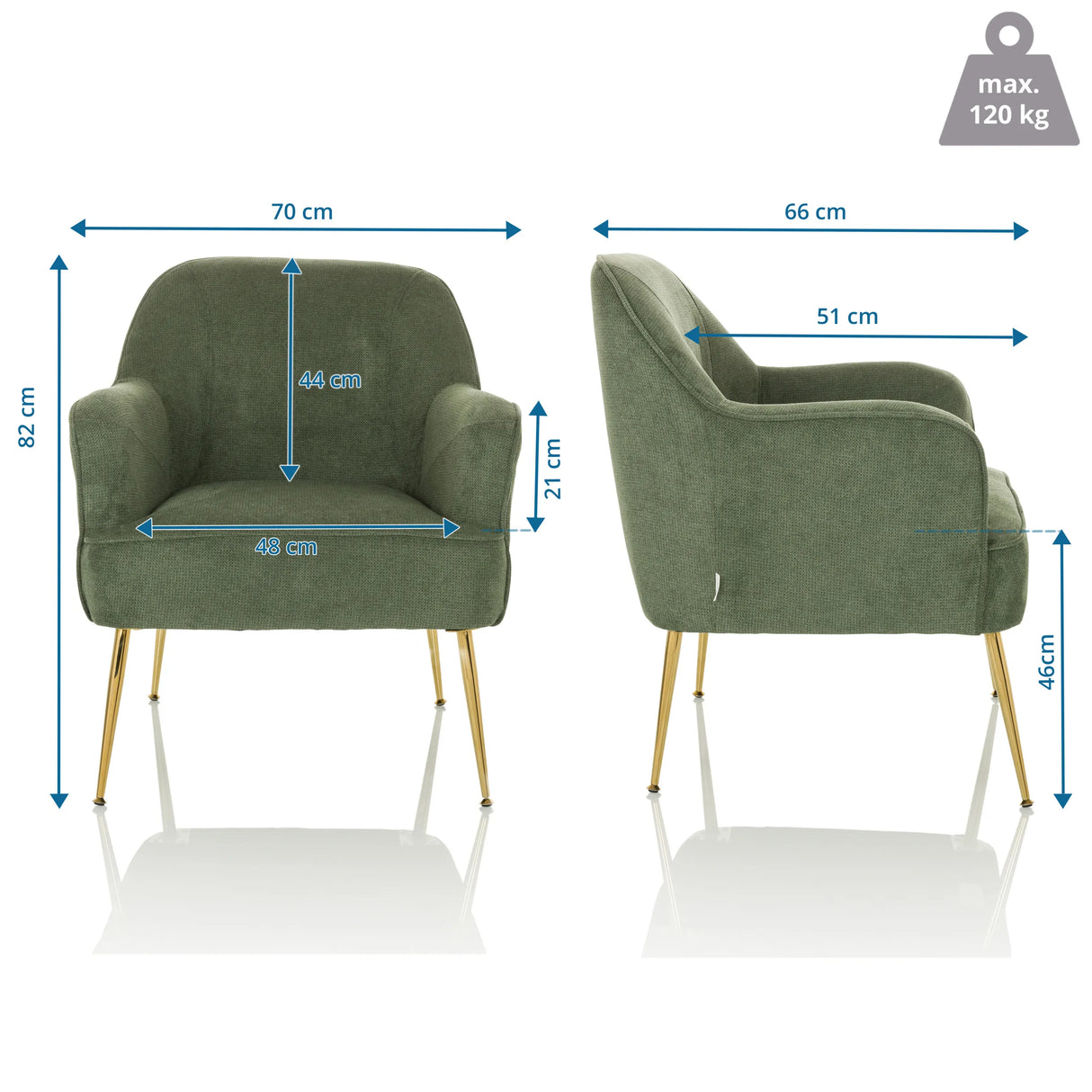 Maßzeichnung des Loungesessels THASSOS mit einer Breite von 70 cm und einer Höhe von 82 cm von hjh LIVING