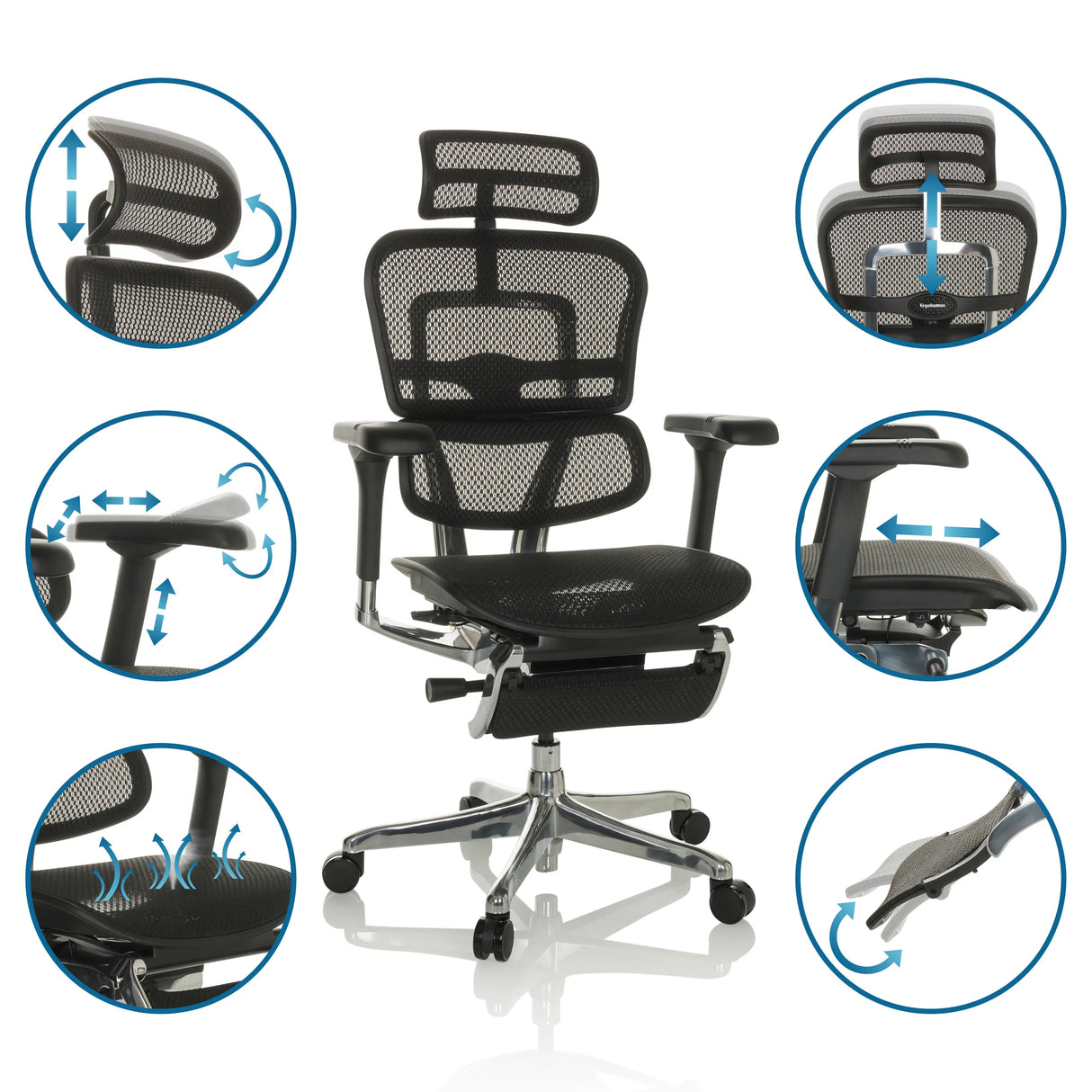 Verstellbare Funktionen des Luxus-Chefsessel ERGOHUMAN PLUS LEGPRO GEN2 in Schwarz mit Netzbespannung von hjh OFFICE