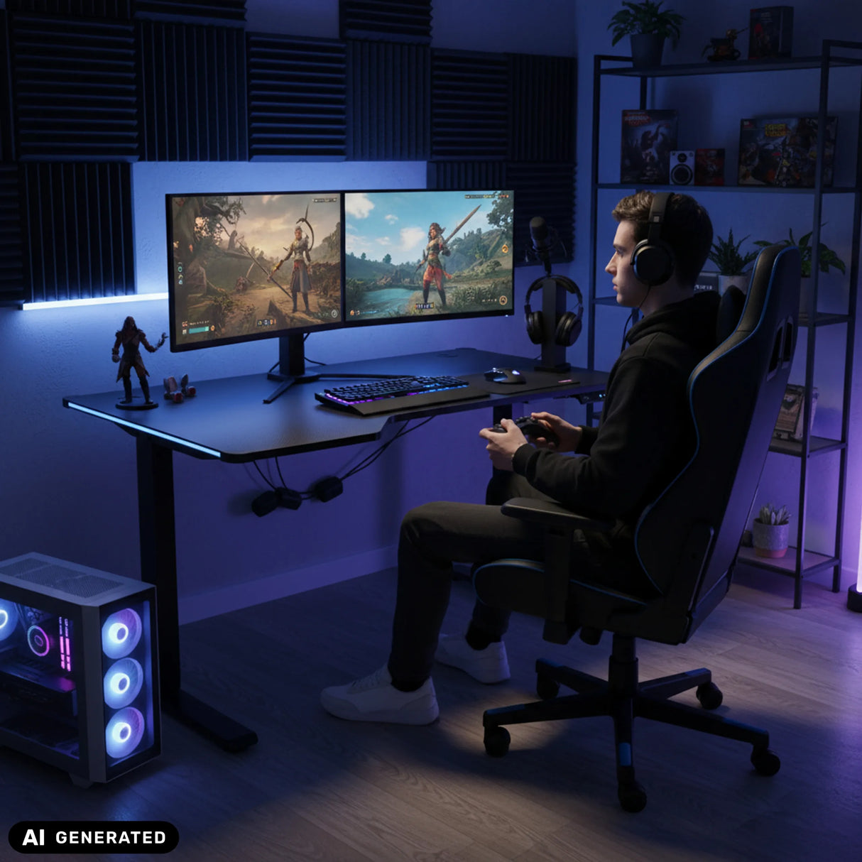 Elektrisch höhenverstellbarer Schreibtisch Worktime Game in Schwarz mit zwei Monitoren von hjh OFFICE (KI-generiertes Bild)