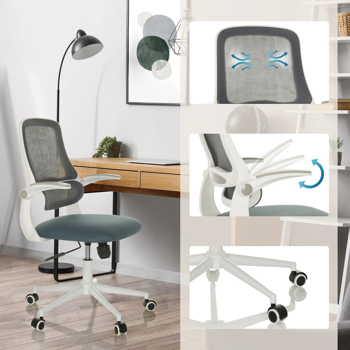 Homeoffice-Bürostuhl MIKO W ECO in Grau mit atmungsaktiver Netzrückenlehne, verstellbaren Armlehnen und Rollen von hjh OFFICE
