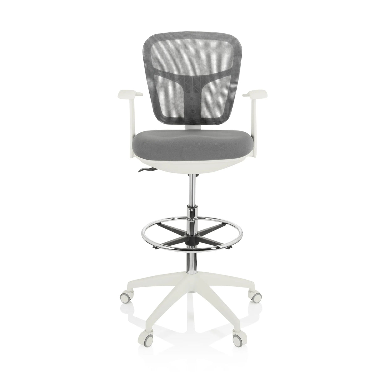 Grauer Counterstuhl TOP WORK 108 W mit Netzrücken, Fußring und weißem Fußkreuz mit fünf Rollen von hjh OFFICE – 360-Grad-Ansicht (Frontansicht 0°)