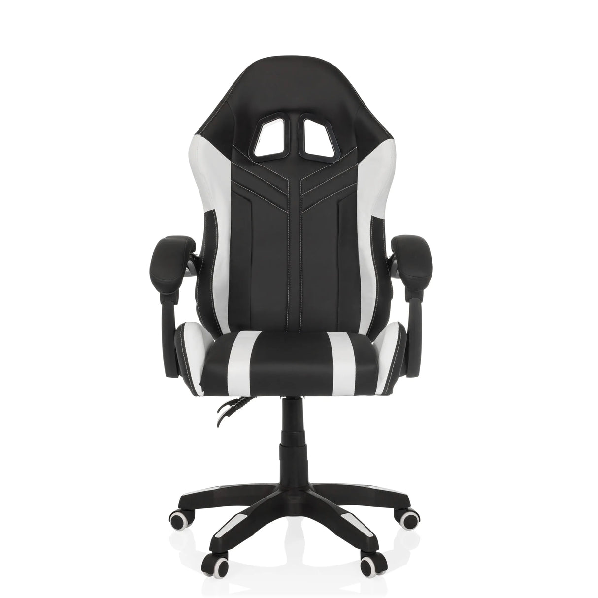 Schwarz-weißer Gamingstuhl GAMEBREAKER W02 mit Fußkreuz mit fünf Rollen von MyBuero – 360-Grad-Ansicht (Frontansicht 0°)