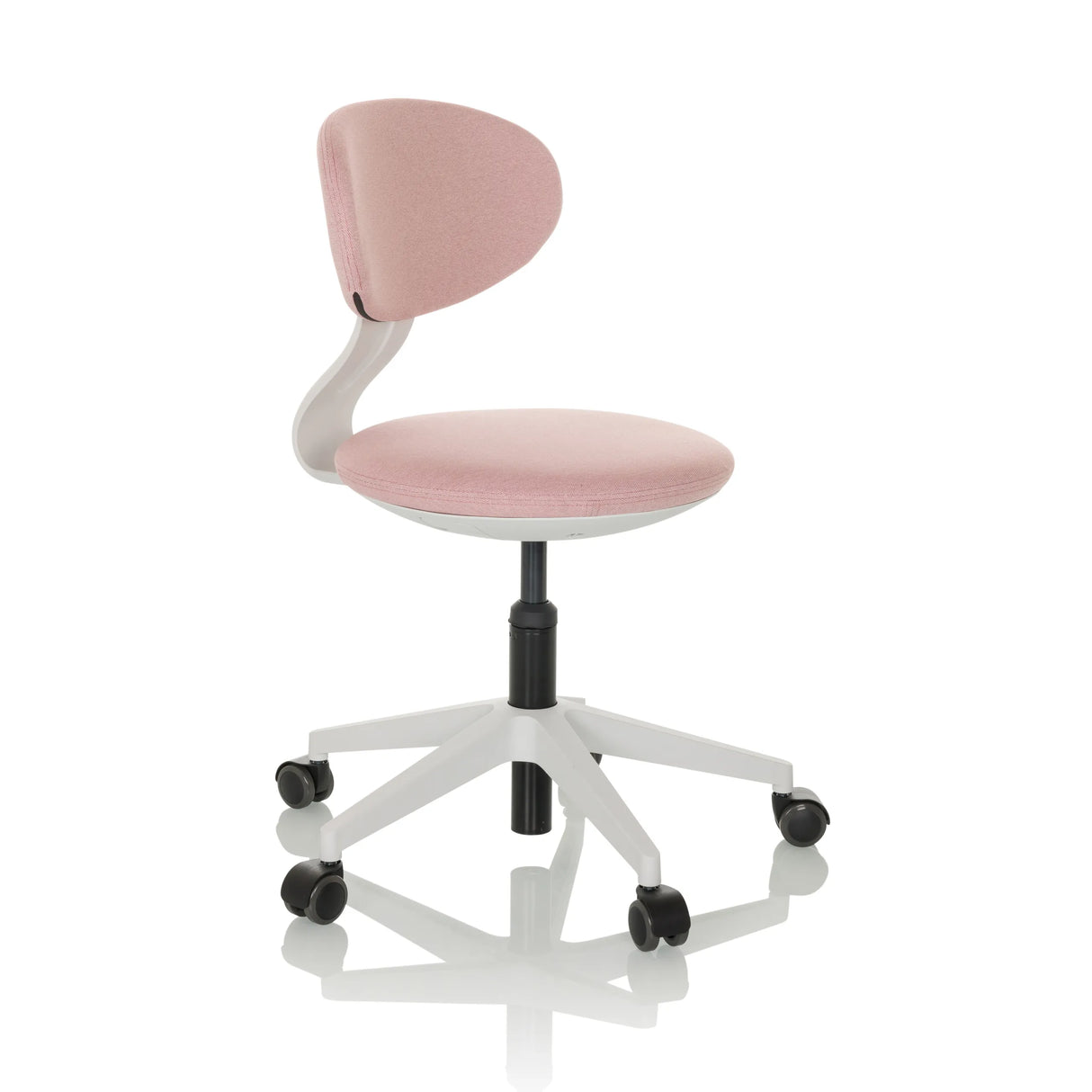 Rosa Kinderdrehstuhl MINIMOVO mit weißem Fußkreuz und fünf Rollen von hjh OFFICE – 360-Grad-Ansicht (schräge Frontansicht 60°)
