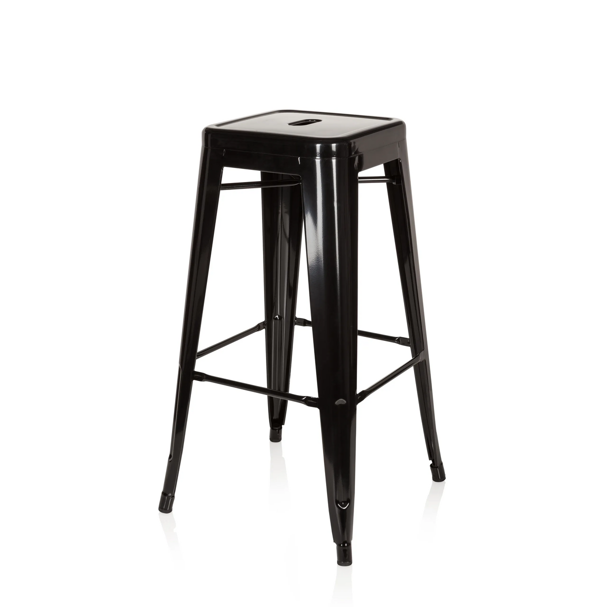 Schwarzer Barhocker VANTAGGIO HIGH mit quadratischer Sitzfläche und Verstrebungen von hjh OFFICE – 360-Grad-Ansicht (schräge Frontansicht 60°)