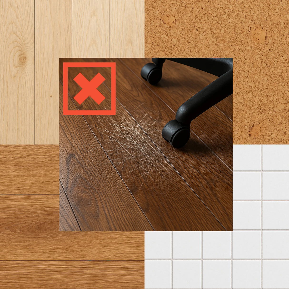 Kratzer auf einem Holzboden durch Rollen eines Bürostuhls ohne Bodenschutzmatte ULTIMAT II von Floortex