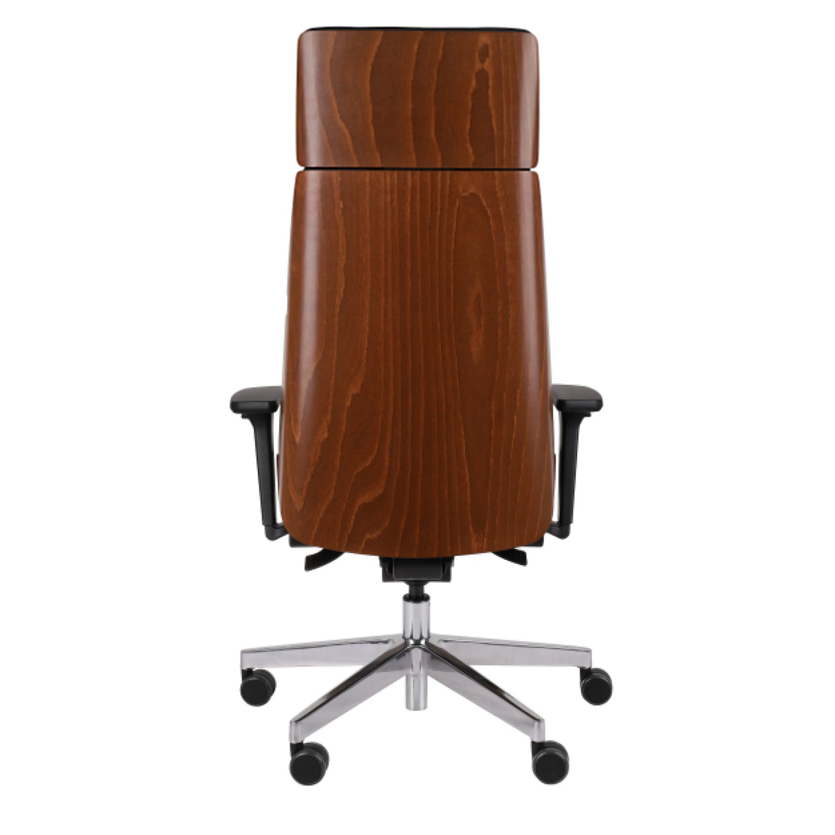 Rückseite des Chefsessels MOON WOOD HD mit Walnussholz-Optik, schwarzen Armlehnen und fünfarmigem Fußkreuz von Grospol