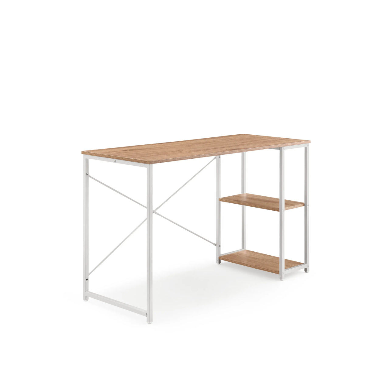 Schreibtisch Easy Up2 in Weiß und Eiche mit integriertem Regal und X-Strebe von hjh LIVING – 360-Grad-Ansicht (schräge Frontansicht 45°)