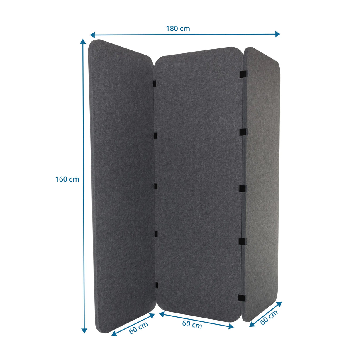 Maßzeichnung der Trennwand FLEXMIUT EL mit 180 × 160 cm in Grau von hjh OFFICE