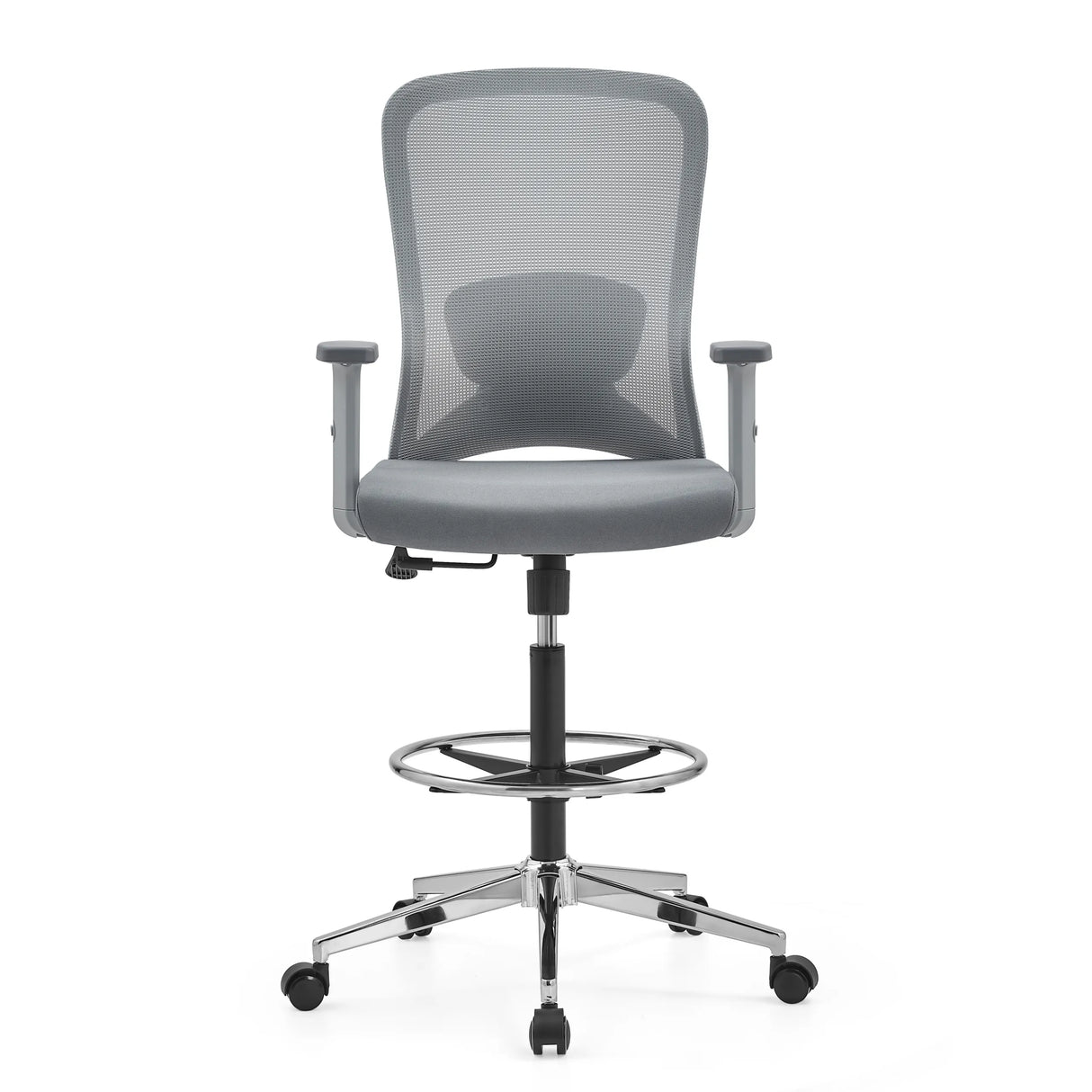 Grauer Counterstuhl Top Work 44 W mit Netzrücken, Fußring und Fußkreuz mit fünf Rollen von hjh OFFICE – 360-Grad-Ansicht (Frontansicht 0°)