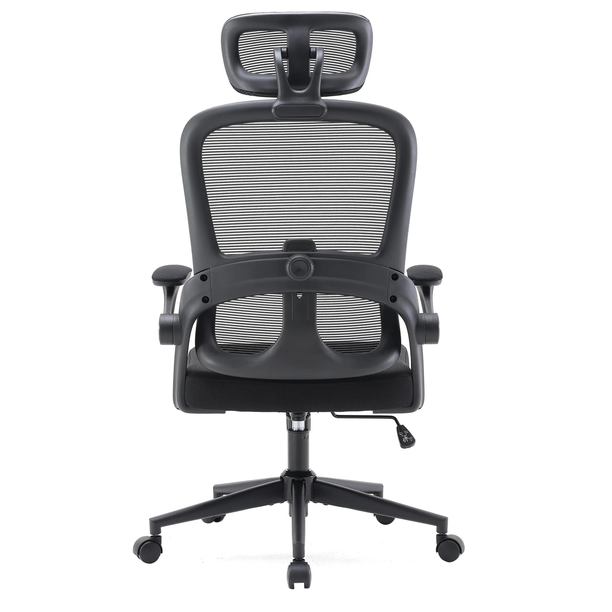Rückansicht des Profi-Bürostuhls MC102C-M101 in Schwarz mit Netzrückenlehne, Kopfstütze und Rollenkreuz von Sihoo