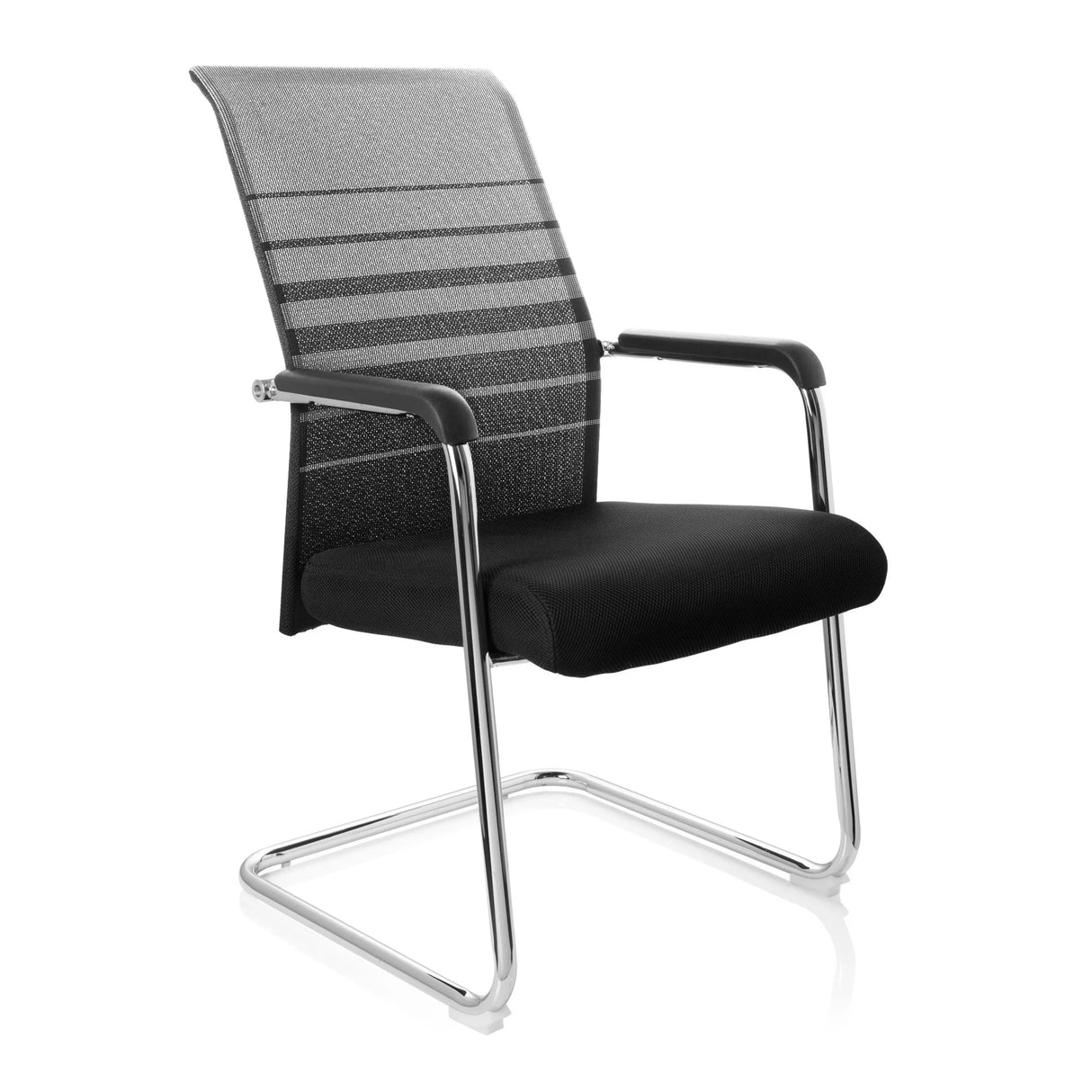 Schwarz-grauer Freischwinger FALCONE V mit Netzrücken, Armlehnen und Kufengestell von hjh OFFICE – 360-Grad-Ansicht (schräge Frontansicht 40°)