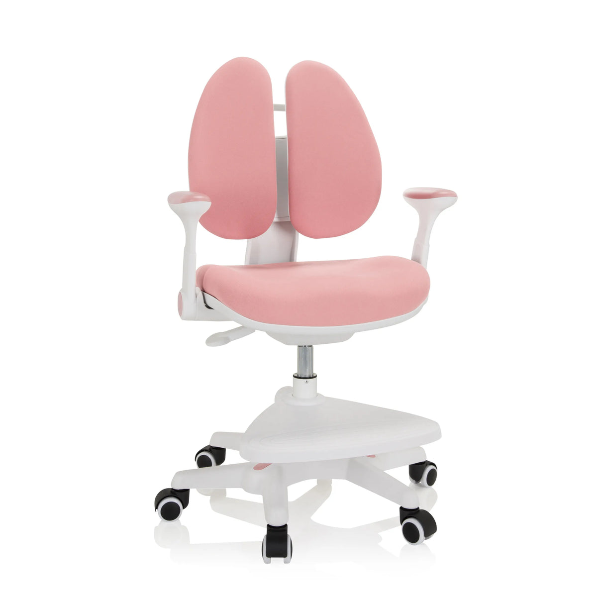 Rosa Kinderstuhl KID WING mit geteilter Rückenlehne und weißem Fußkreuz mit fünf Rollen von hjh OFFICE – 360-Grad-Ansicht (Frontansicht 20°)