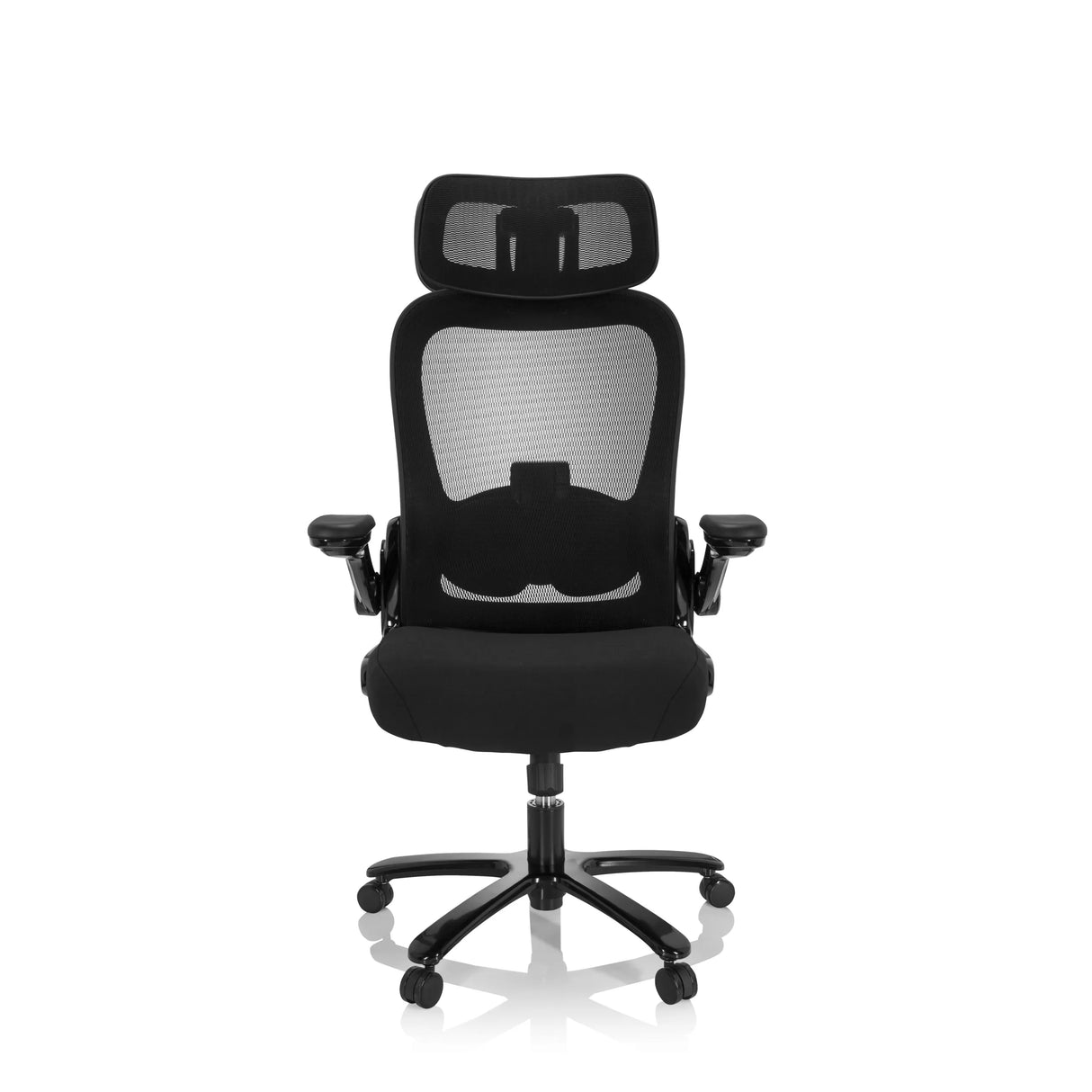 Schwarzer XXL Drehstuhl INSTRUCTOR SW I PRO mit Netzrücken, Kopfstütze und Fußkreuz mit fünf Rollen von hjh OFFICE – 360-Grad-Ansicht (Frontansicht 0°)
