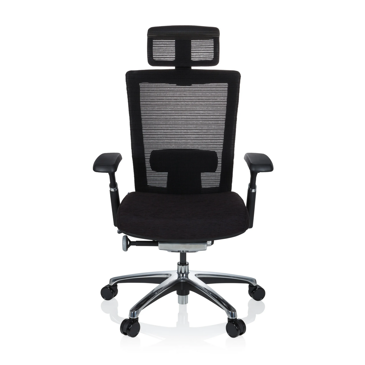 Schwarzer High-End-Bürostuhl NOVA PRO I mit Netzrücken und Fußkreuz mit fünf Rollen von hjh OFFICE – 360-Grad-Ansicht (Frontansicht 0°)