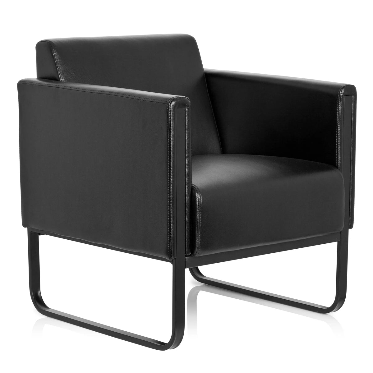 Schwarzer Polstersessel BALI BLACK mit Armlehnen und einem Gestell von hjh OFFICE – 360-Grad-Ansicht (schräge Frontansicht 40°)
