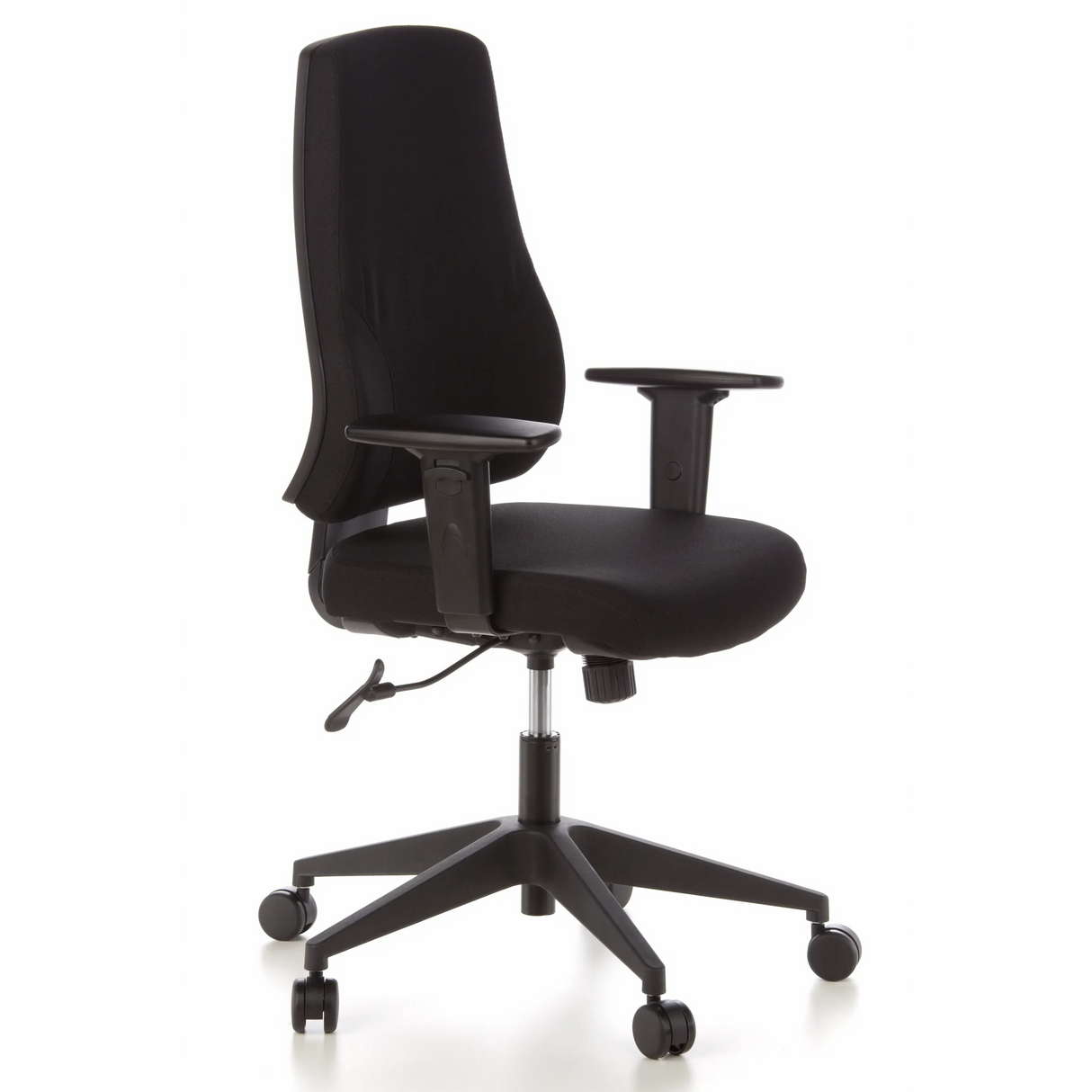 Schwarzer Profi-Bürostuhl PRO-TEC 100 mit Armlehnen und Fußkreuz mit fünf Rollen von hjh OFFICE – 360-Grad-Ansicht (schräge Frontansicht 60°)