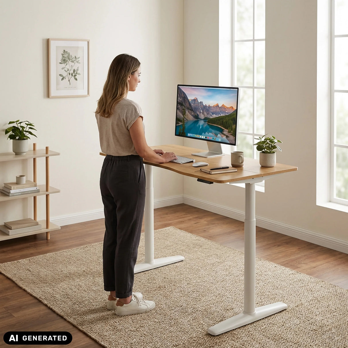 Elektrisch höhenverstellbarer Schreibtisch STAND PRO R in Eiche-Optik mit weißem Gestell von hjh OFFICE (KI-generiertes Bild)