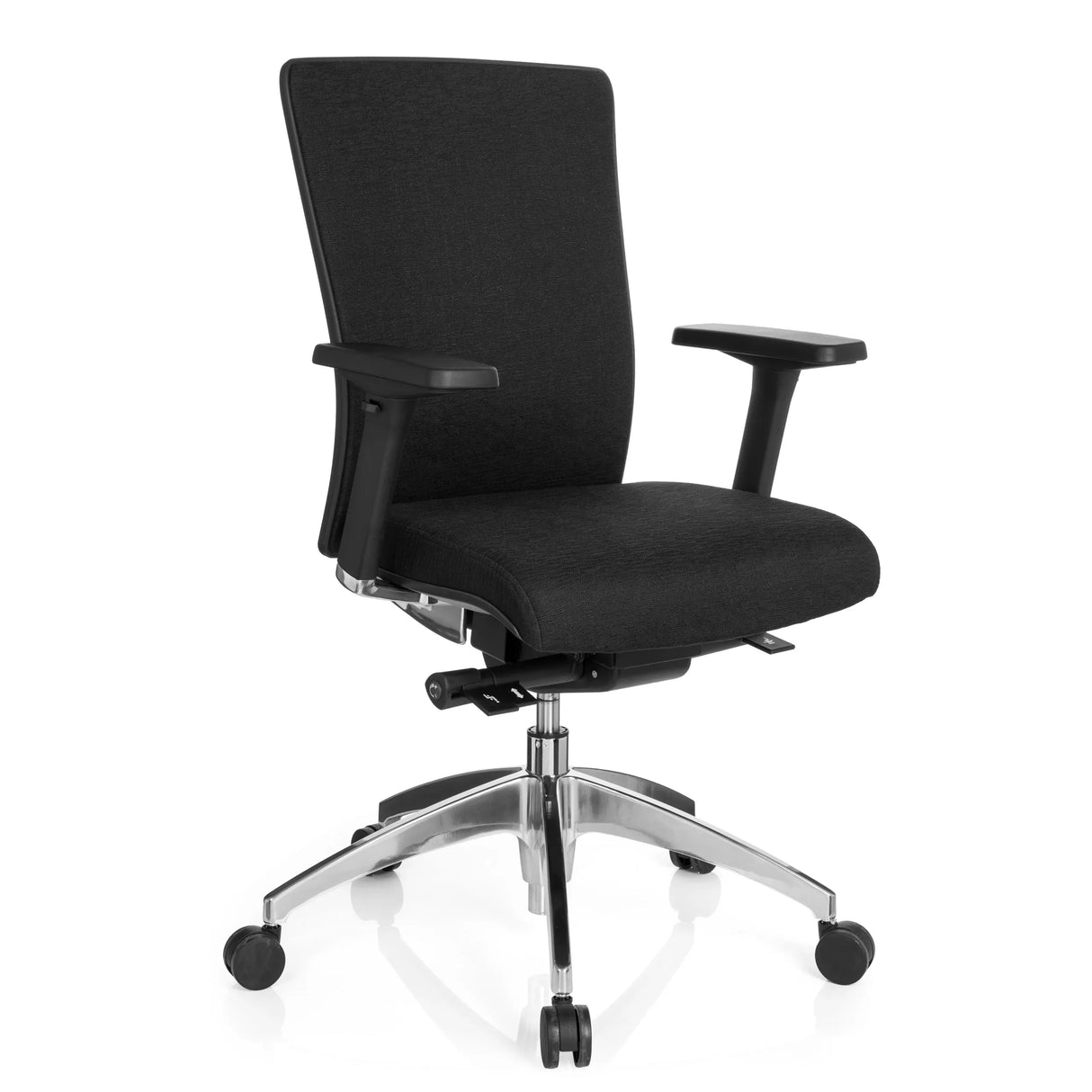 Schwarzer Profi-Bürostuhl ASTRA BASE mit Armlehnen und Fußkreuz mit fünf Rollen von hjh OFFICE – 360-Grad-Ansicht (schräge Frontansicht 40°)