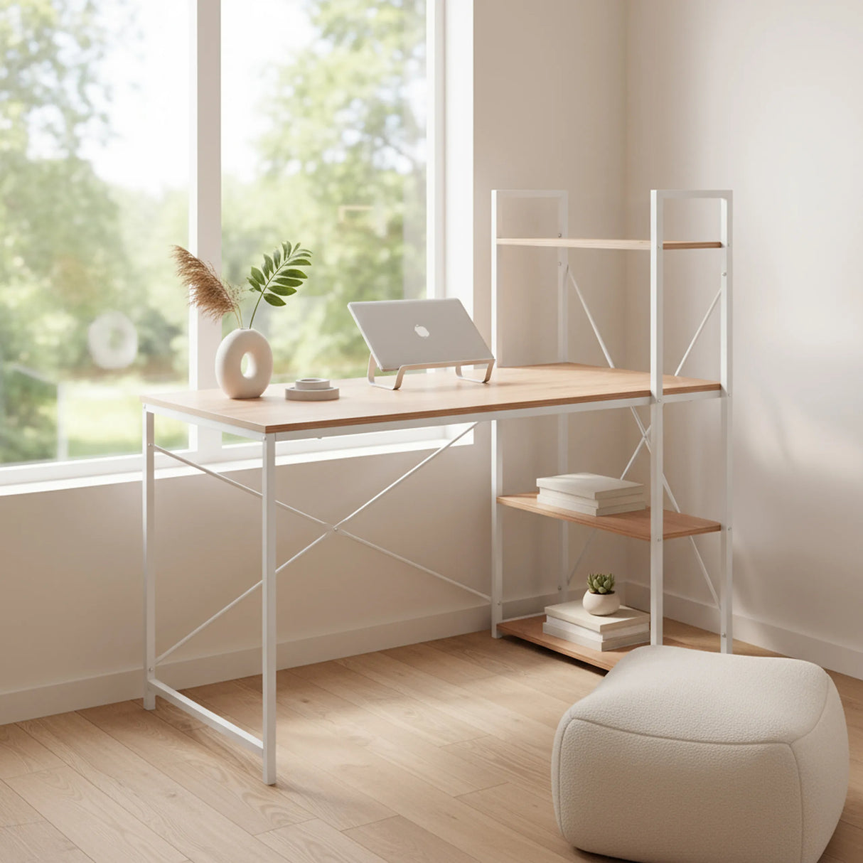 Schreibtisch Easy Up3 in Weiß und Eiche mit integriertem Regal und weißem Metallgestell von hjh LIVING