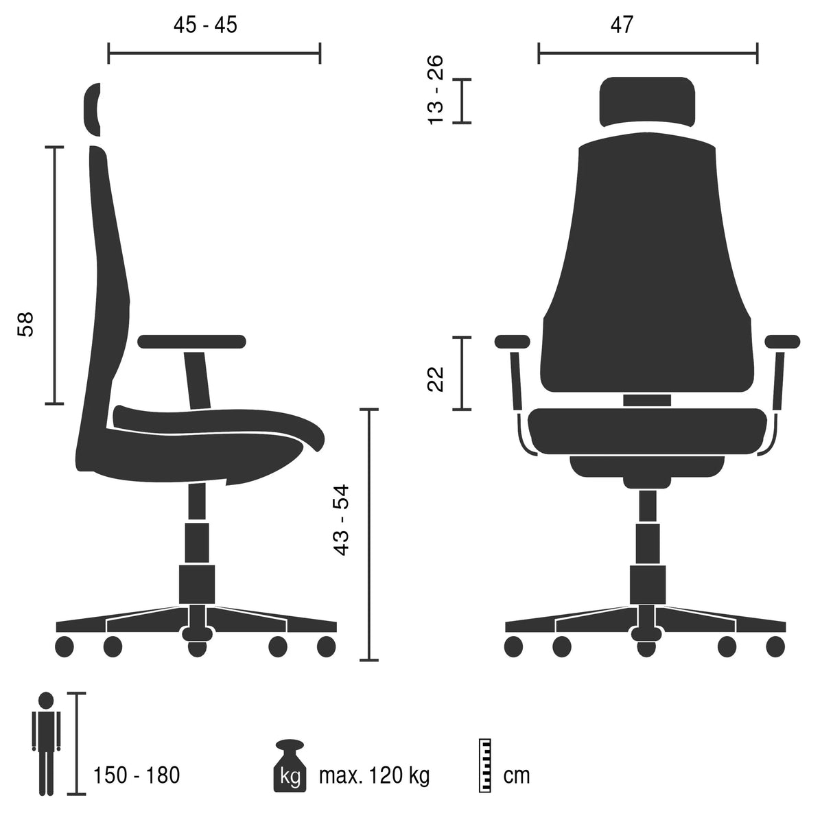 Technische Zeichnung des Home-Office-Bürostuhls Vertuflex mit einer maximalen Belastbarkeit von 120 kg von MyBuero