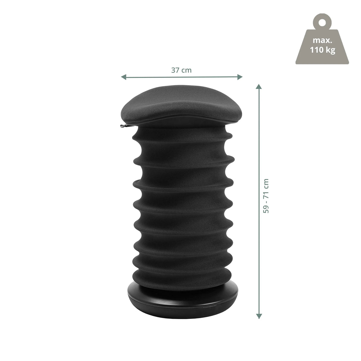 Maßzeichnung des Sitzhockers Sitness 4D mit einer Breite von 37 cm und einer Höhe von 59 - 71 cm von Topstar